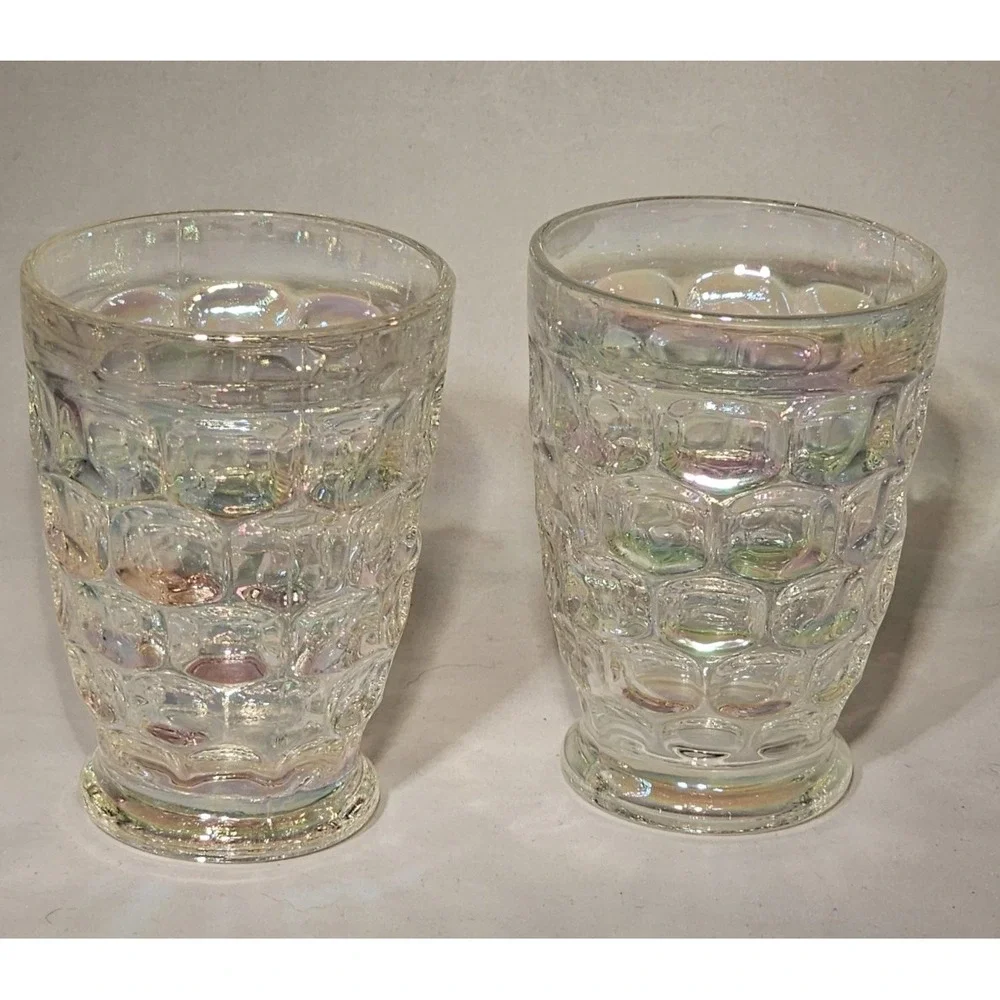 Vintage Federal Glass Iridescent Thumbprint Yorktown Tumblers 6oz Set of 2